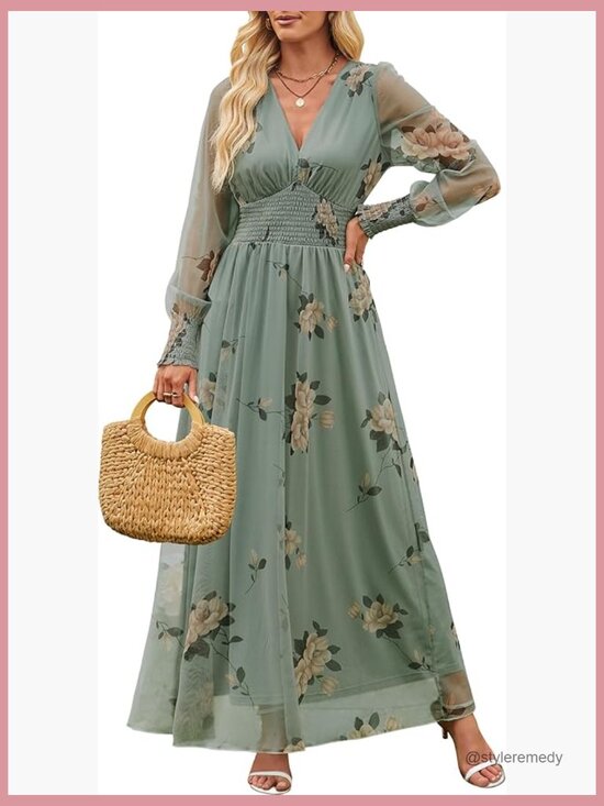 Dresses & Skirts - Floral Maxi Dress V Neck Puff Long Sleeve Flowy Casual Wedding Guest